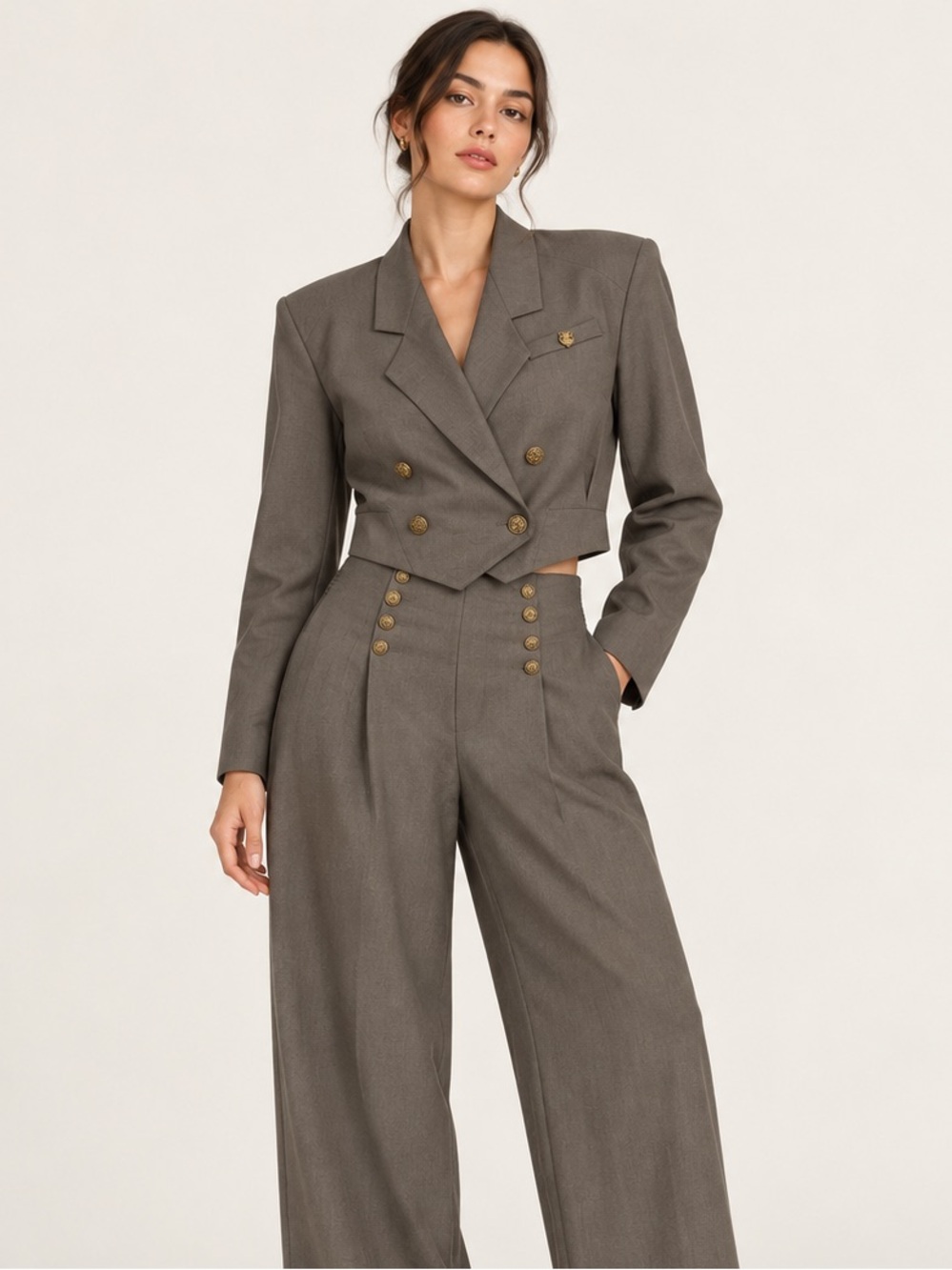 Vintage Khaki Cropped Blazer & High-Waisted Palazzo Pant Set